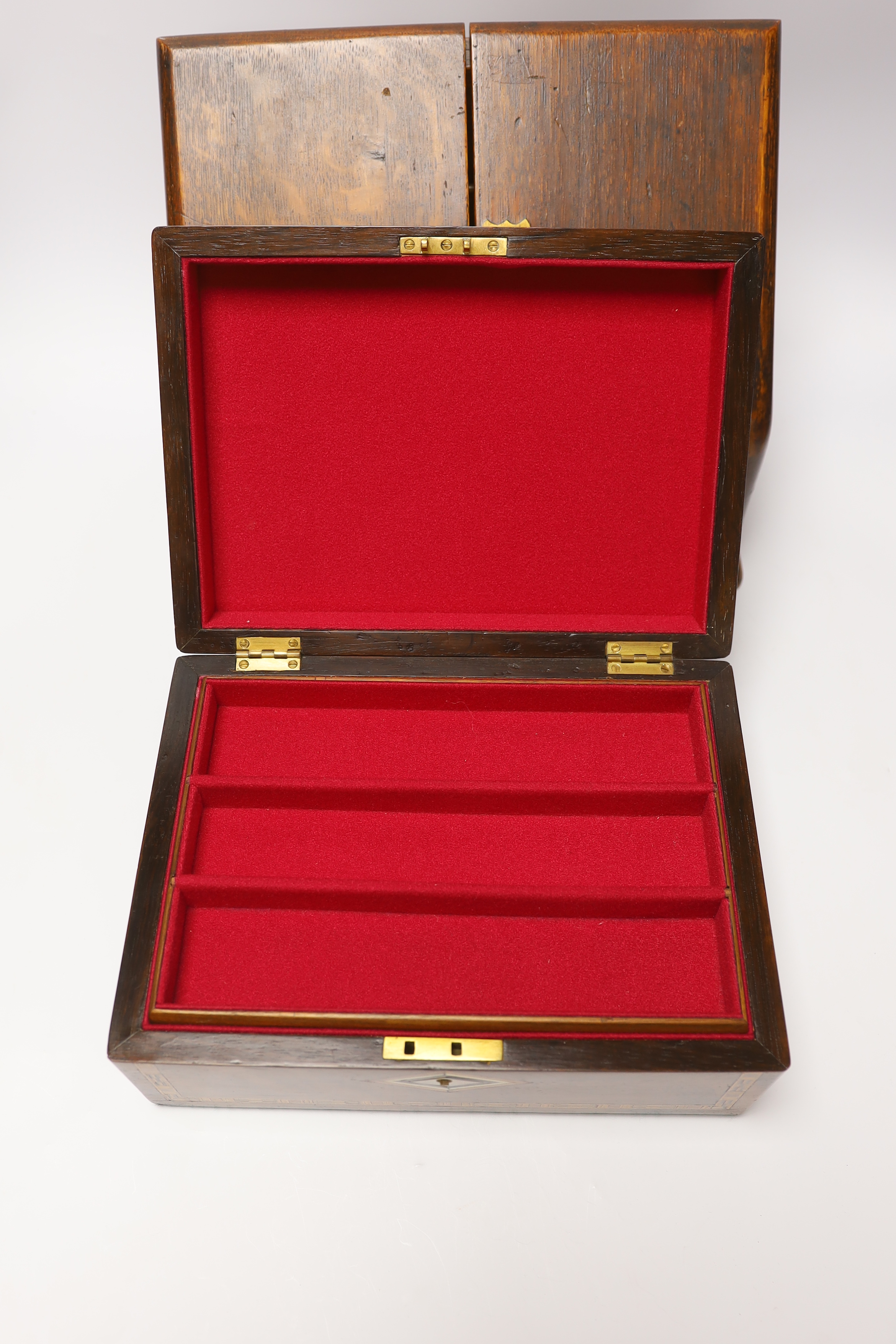 Three boxes; a miniature Polyphon, a stationery box and an inlaid jewellery box, stationery box 26cm high, 32cm wide